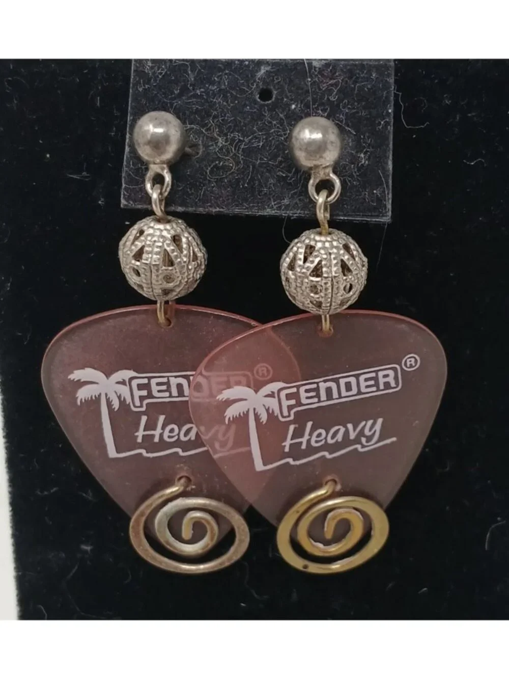 Fender Pink Heavy Guitar Pick Earrings SilverTone Bead Swirl Music Guitar #J1-Dp